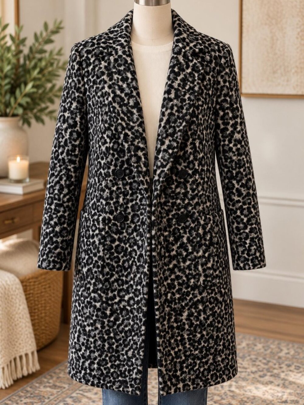 MICHAEL Michael Kors Leopard Wool Coat 4 Black Gray Double Breasted NWT